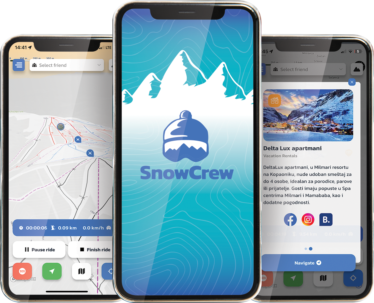 SnowCrew app displayed on smartphones